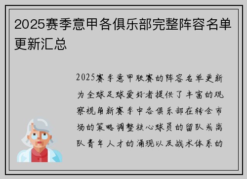 2025赛季意甲各俱乐部完整阵容名单更新汇总