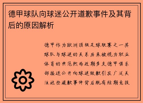 德甲球队向球迷公开道歉事件及其背后的原因解析